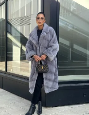 Голубая норковая шуба английский воротник, фасон кокон
