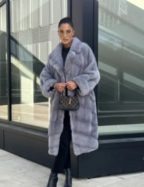 Голубая норковая шуба английский воротник, фасон кокон