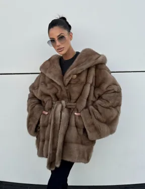 Норковая шуба автоледи с капюшоном кобра, цвет Тортор