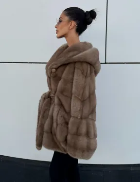 Норковая шуба автоледи с капюшоном кобра, цвет Тортор