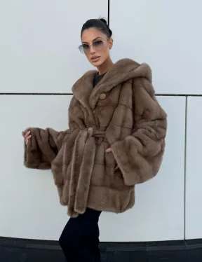 Норковая шуба автоледи с капюшоном кобра, цвет Тортор