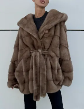 Норковая шуба автоледи с капюшоном кобра, цвет Тортор