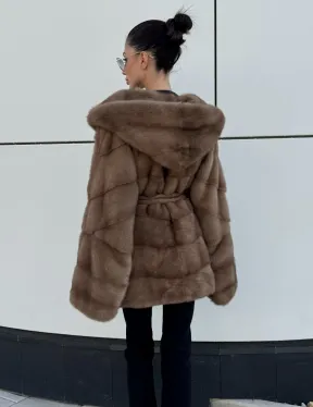 Норковая шуба автоледи с капюшоном кобра, цвет Тортор