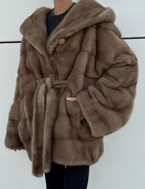 Норковая шуба автоледи с капюшоном кобра, цвет Тортор