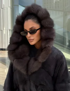 Норковый полушубок с меховым капюшоном из куницы, цвет графит