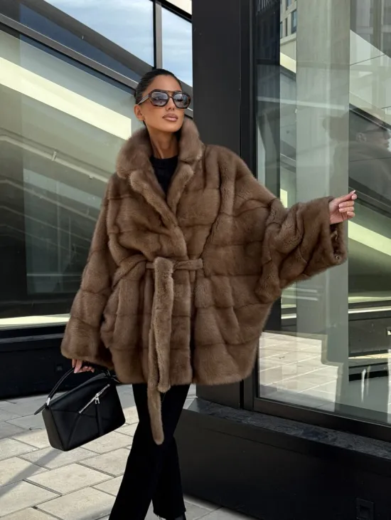 Шуба норковая летучая мышь английский воротник, оверсайз - цвет темный пастель