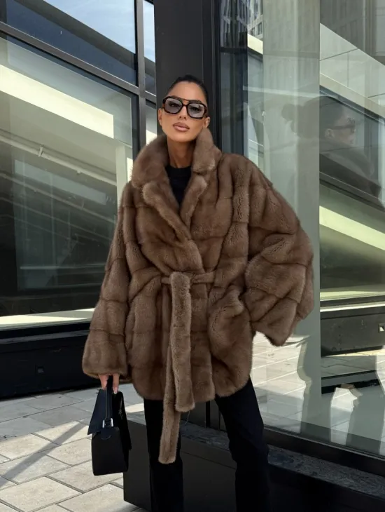 Шуба норковая летучая мышь английский воротник, оверсайз - цвет темный пастель