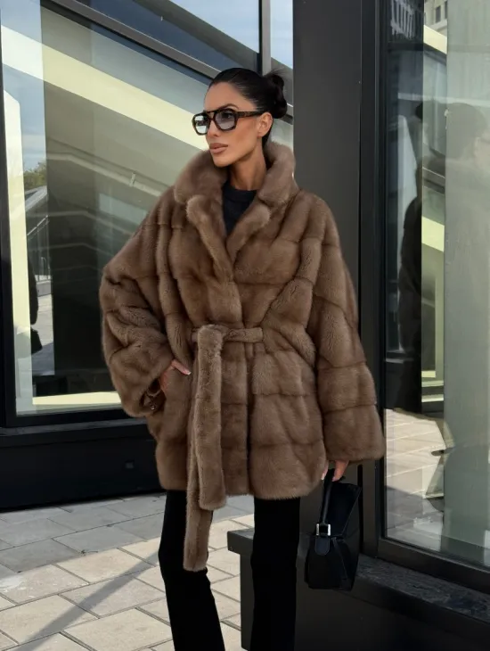 Шуба норковая летучая мышь английский воротник, оверсайз - цвет темный пастель