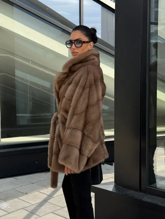 Шуба норковая летучая мышь английский воротник, оверсайз - цвет темный пастель