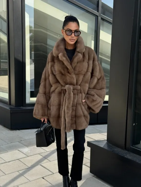 Шуба норковая летучая мышь английский воротник, оверсайз - цвет темный пастель