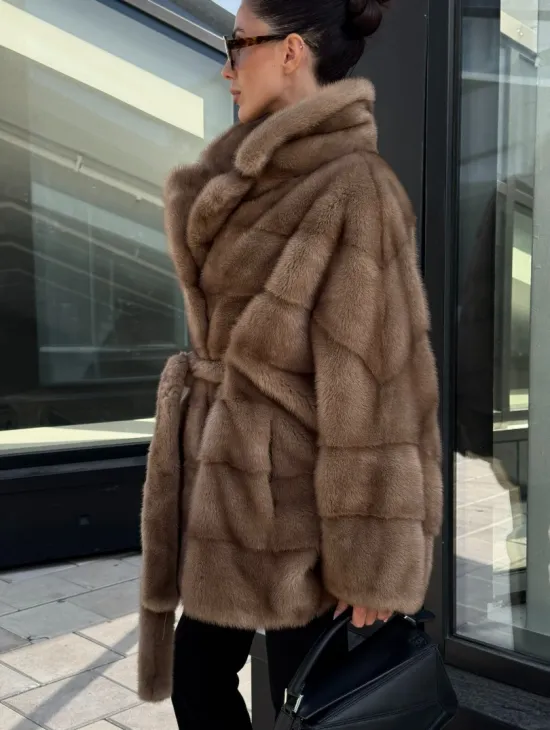 Шуба норковая летучая мышь английский воротник, оверсайз - цвет темный пастель