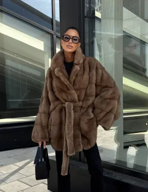 Шуба норковая летучая мышь английский воротник, оверсайз - цвет темный пастель