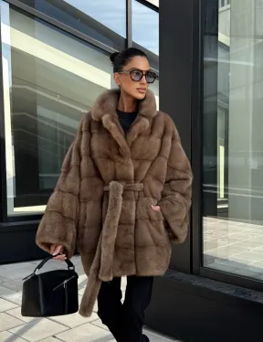 Шуба норковая летучая мышь английский воротник, оверсайз - цвет темный пастель