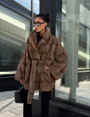 Шуба норковая летучая мышь английский воротник, оверсайз - цвет темный пастель