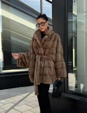 Шуба норковая летучая мышь английский воротник, оверсайз - цвет темный пастель