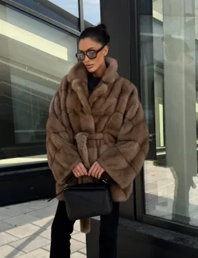 Шуба норковая летучая мышь английский воротник, оверсайз - цвет темный пастель