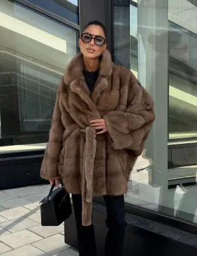 Шуба норковая летучая мышь английский воротник, оверсайз - цвет темный пастель