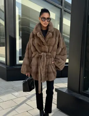 Шуба норковая летучая мышь английский воротник, оверсайз - цвет темный пастель