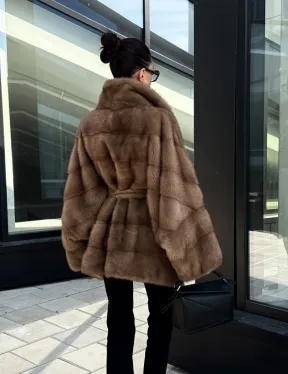 Шуба норковая летучая мышь английский воротник, оверсайз - цвет темный пастель