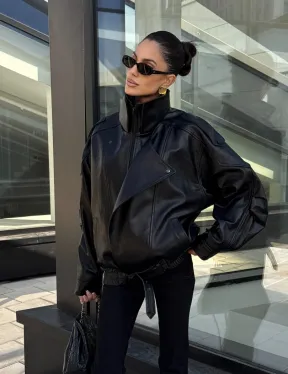 Женская кожаная куртка с двойным воротником, пышными рукавами реглан