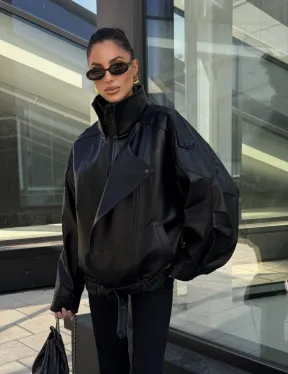 Женская кожаная куртка с двойным воротником, пышными рукавами реглан