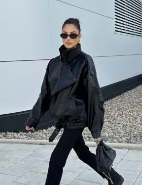 Женская кожаная куртка с двойным воротником, пышными рукавами реглан