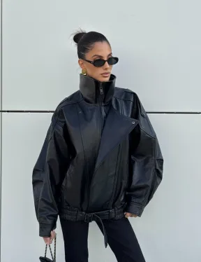 Женская кожаная куртка с двойным воротником, пышными рукавами реглан