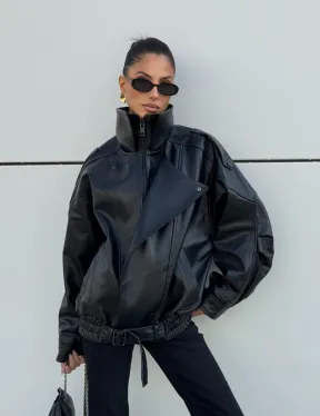 Женская кожаная куртка с двойным воротником, пышными рукавами реглан