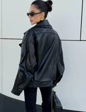 Женская кожаная куртка с двойным воротником, пышными рукавами реглан