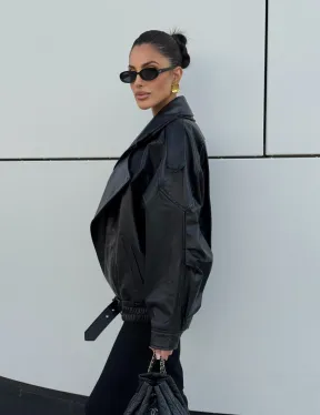 Женская кожаная куртка с двойным воротником, пышными рукавами реглан