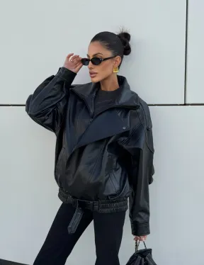 Женская кожаная куртка с двойным воротником, пышными рукавами реглан