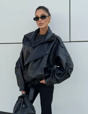 Женская кожаная куртка с двойным воротником, пышными рукавами реглан