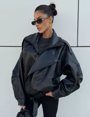 Женская кожаная куртка с двойным воротником, пышными рукавами реглан