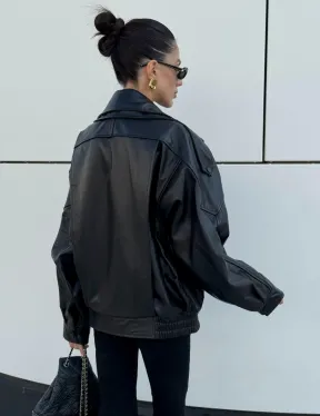 Женская кожаная куртка с двойным воротником, пышными рукавами реглан