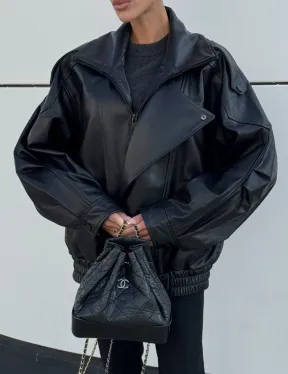 Женская кожаная куртка с двойным воротником, пышными рукавами реглан