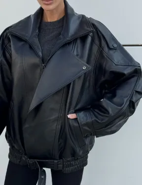 Женская кожаная куртка с двойным воротником, пышными рукавами реглан