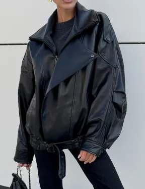Женская кожаная куртка с двойным воротником, пышными рукавами реглан