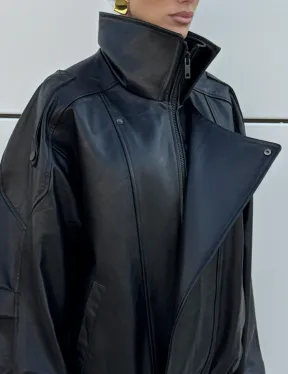 Женская кожаная куртка с двойным воротником, пышными рукавами реглан