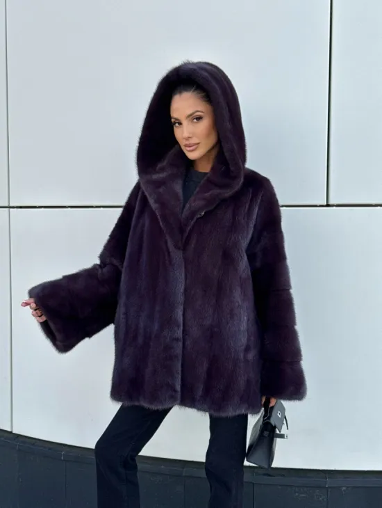 Норковый полушубок автоледи с капюшоном - цвет инжир