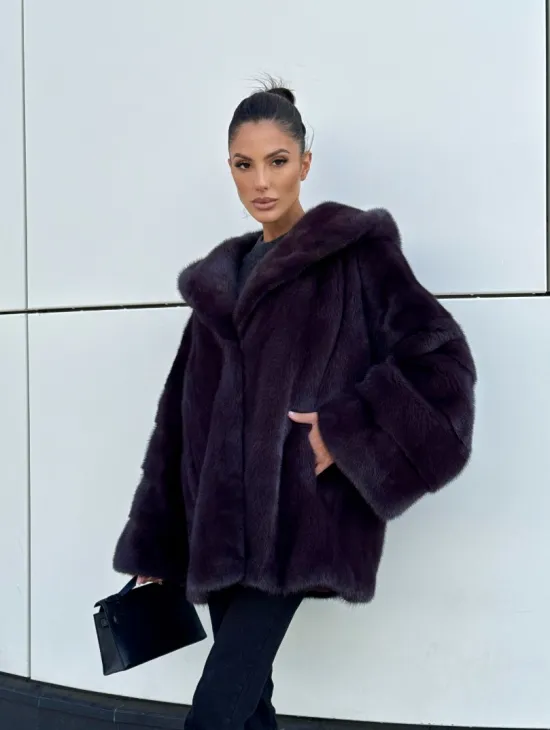 Норковый полушубок автоледи с капюшоном - цвет инжир