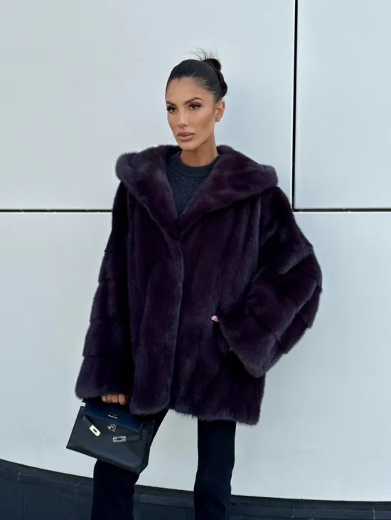 Норковый полушубок автоледи с капюшоном - цвет инжир