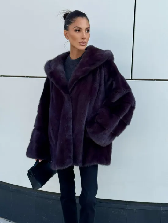 Норковый полушубок автоледи с капюшоном - цвет инжир