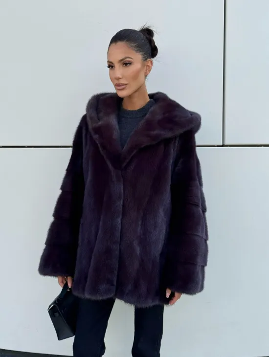 Норковый полушубок автоледи с капюшоном - цвет инжир