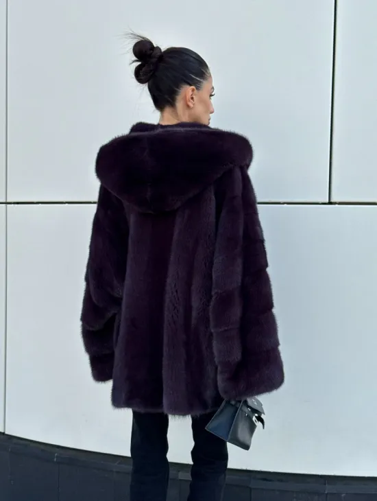 Норковый полушубок автоледи с капюшоном - цвет инжир