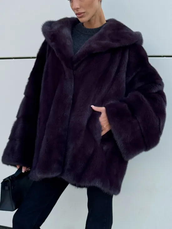 Норковый полушубок автоледи с капюшоном - цвет инжир