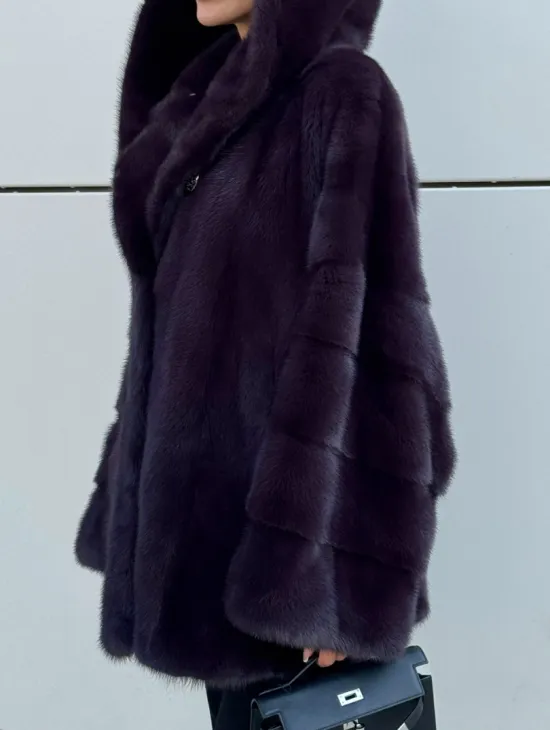 Норковый полушубок автоледи с капюшоном - цвет инжир