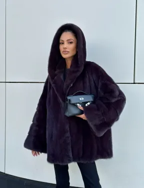 Норковый полушубок автоледи с капюшоном - цвет инжир