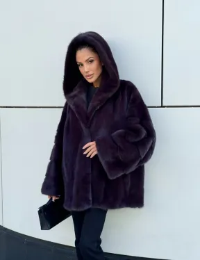 Норковый полушубок автоледи с капюшоном - цвет инжир