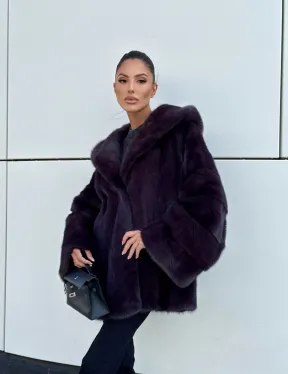 Норковый полушубок автоледи с капюшоном - цвет инжир