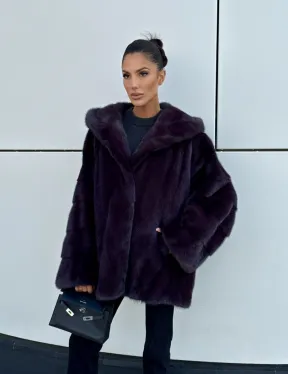 Норковый полушубок автоледи с капюшоном - цвет инжир